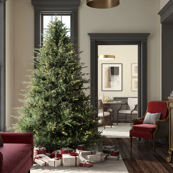 Itasca Fraser Fir Artifical Christmas Tree in living room with gifts
