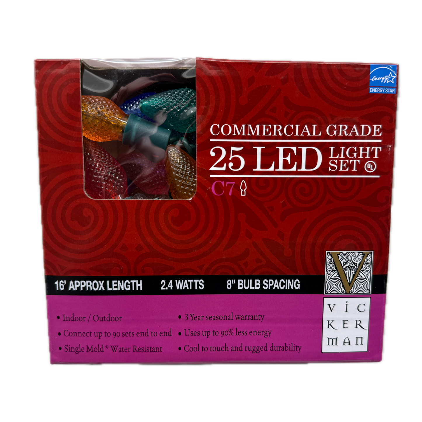 Vickerman 25 Count Commercial-Grade C7 LED Light Strand on Green Wire