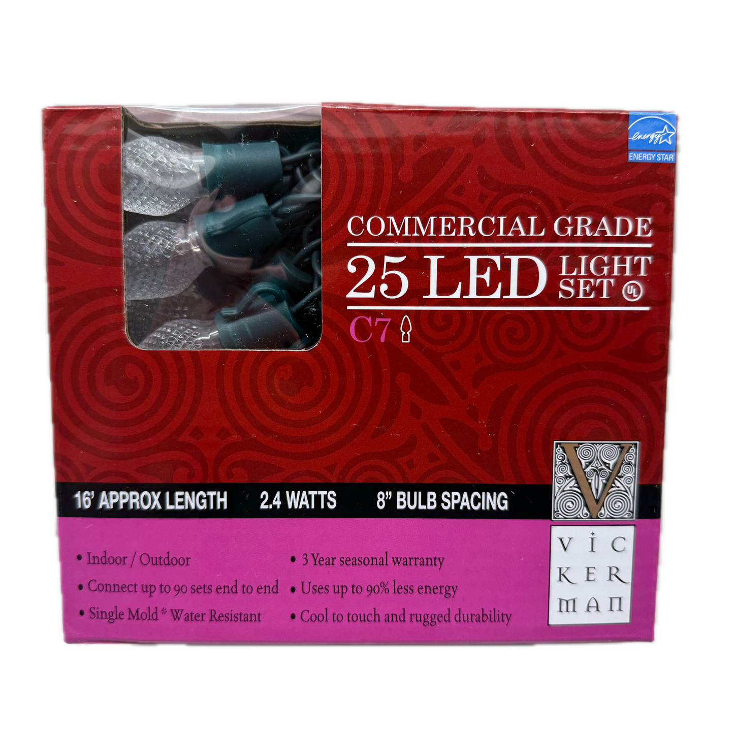 Vickerman 25 Count Commercial-Grade C7 LED Light Strand on Green Wire