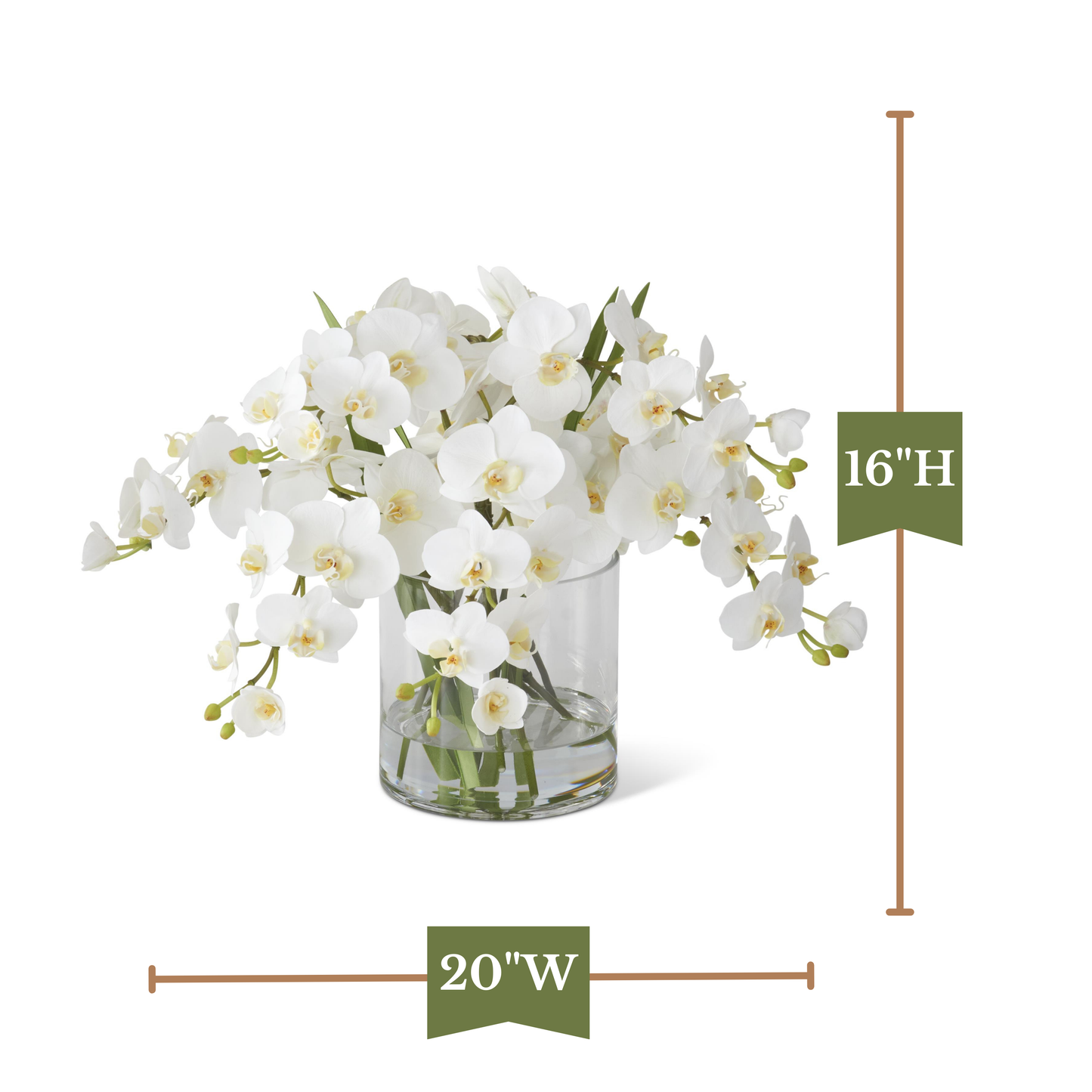 K&K Interiors 16" Real Touch White Orchid Flower Arrangement in Faux Water Glass Vase