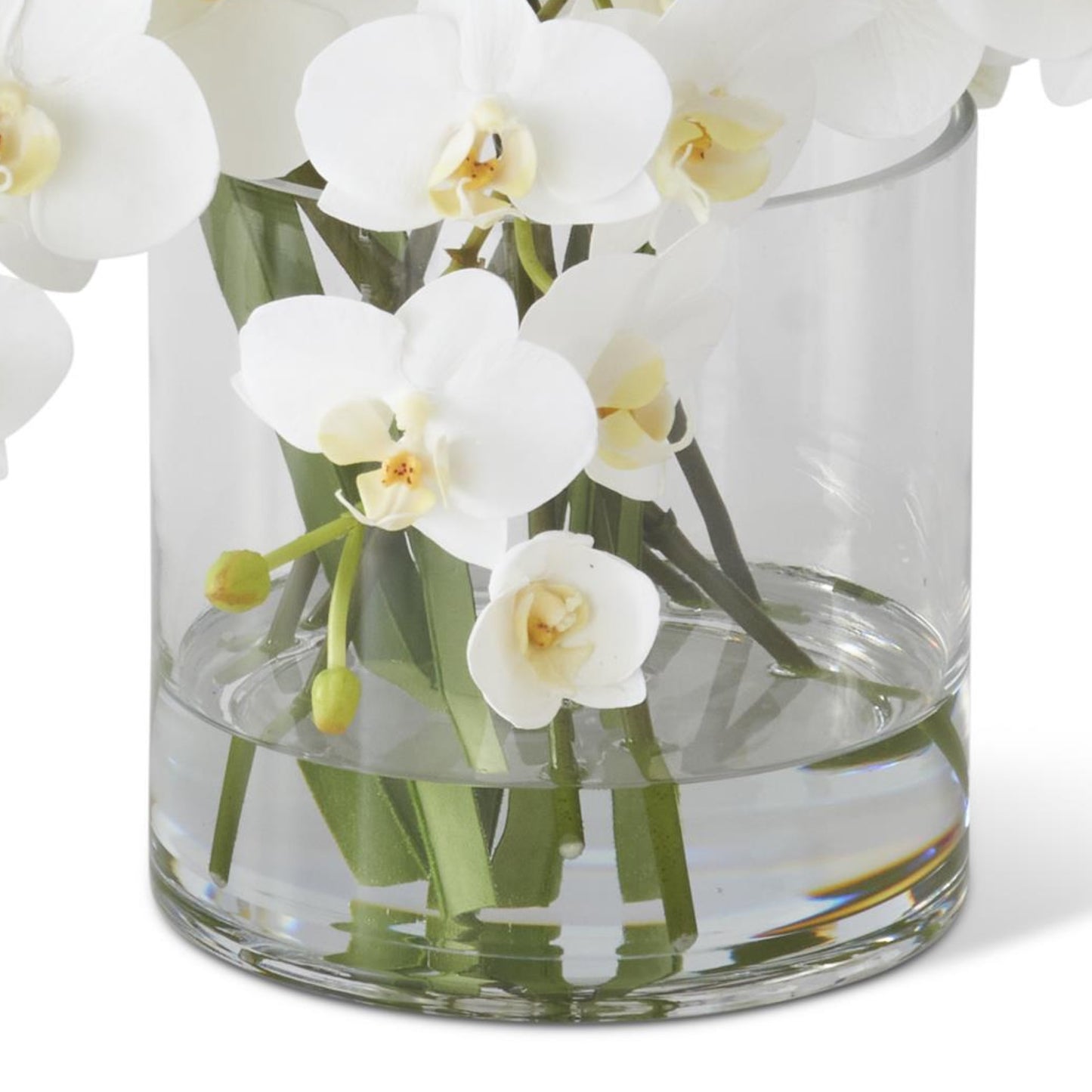 K&K Interiors 16" Real Touch White Orchid Flower Arrangement in Faux Water Glass Vase