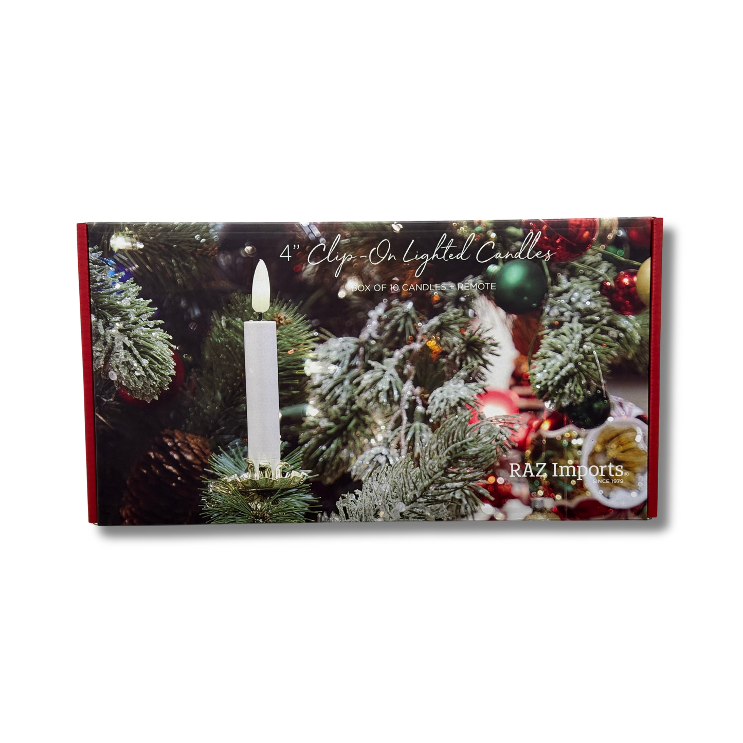 Packaging of 4" clip-on lighted candles with Christmas tree and lights design, featuring RAZ Imports branding.