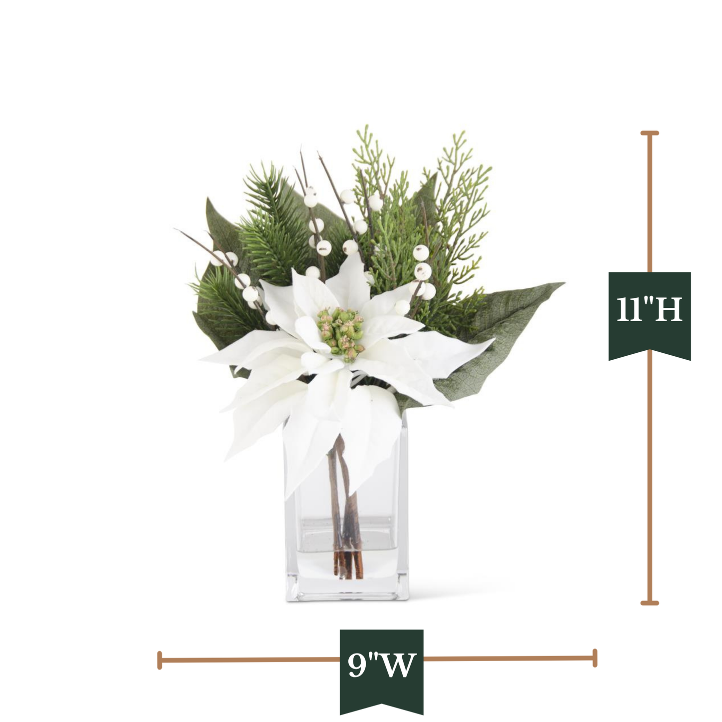 K&K Interiors 11" White Poinsettia & Pine Christmas Glass Floral Arrangement with Faux Water