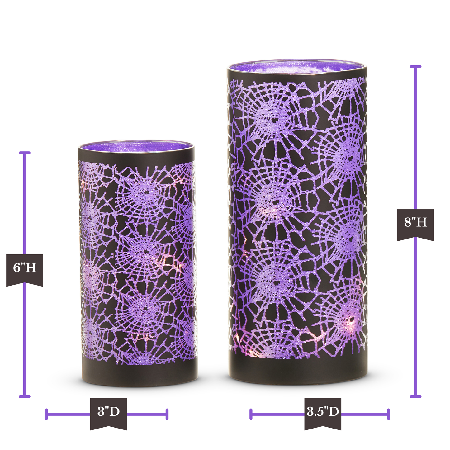 RAZ Imports 8" and 6" Halloween Celebration Crackled Spider Webs Hurricanes, Glass LED Lighted Lanterns for Halloween - Set of 2