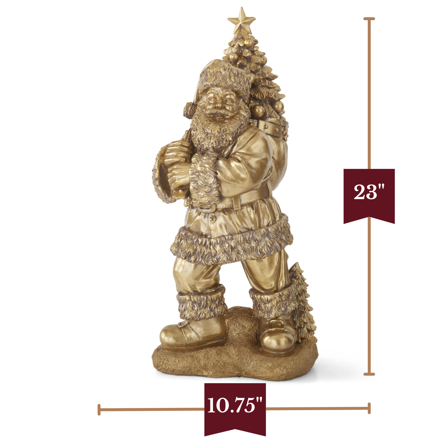 K&K Interiors 23" Gold Resin Santa Claus Statue with Christmas Tree Bag