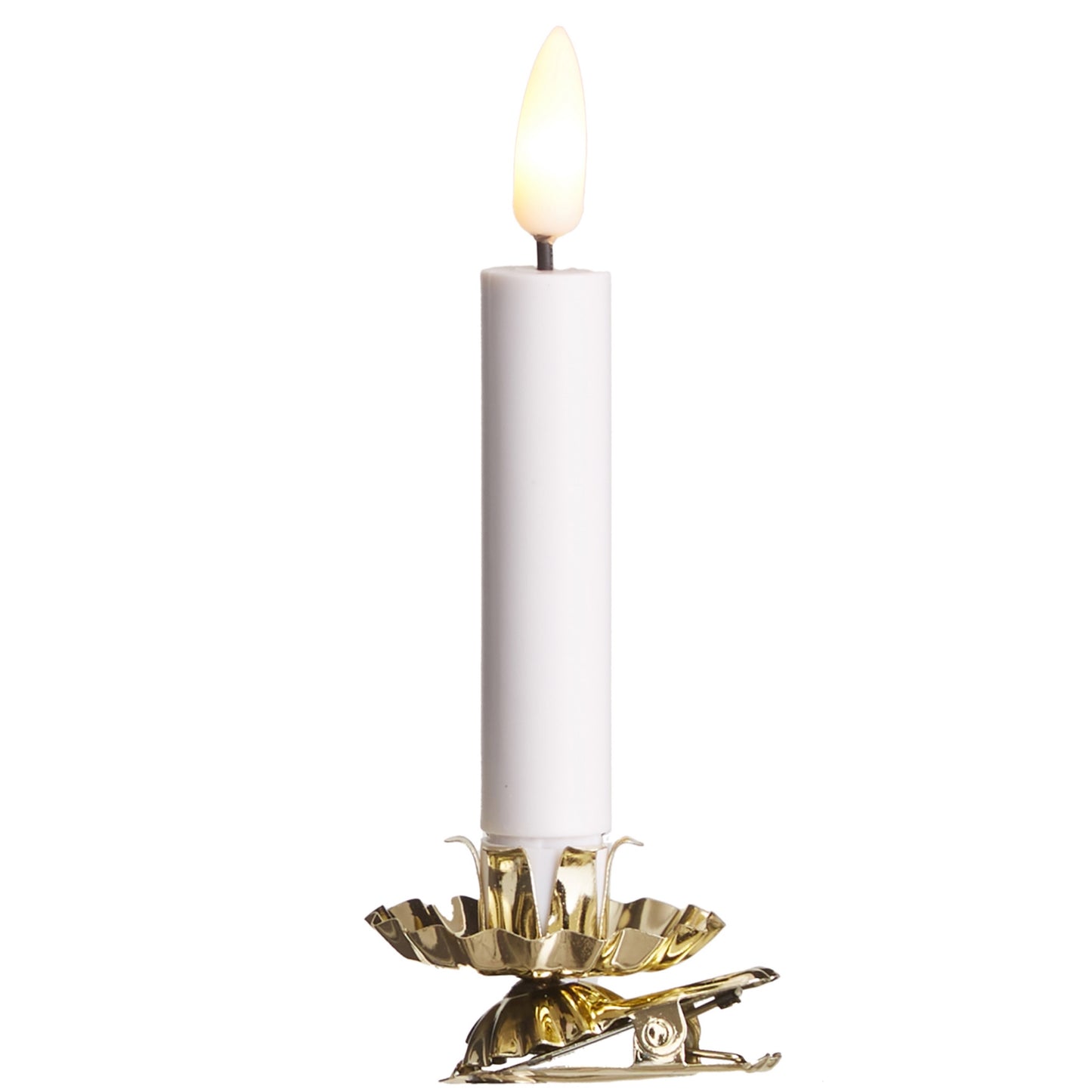Gold candle holder with a white candle on a white background