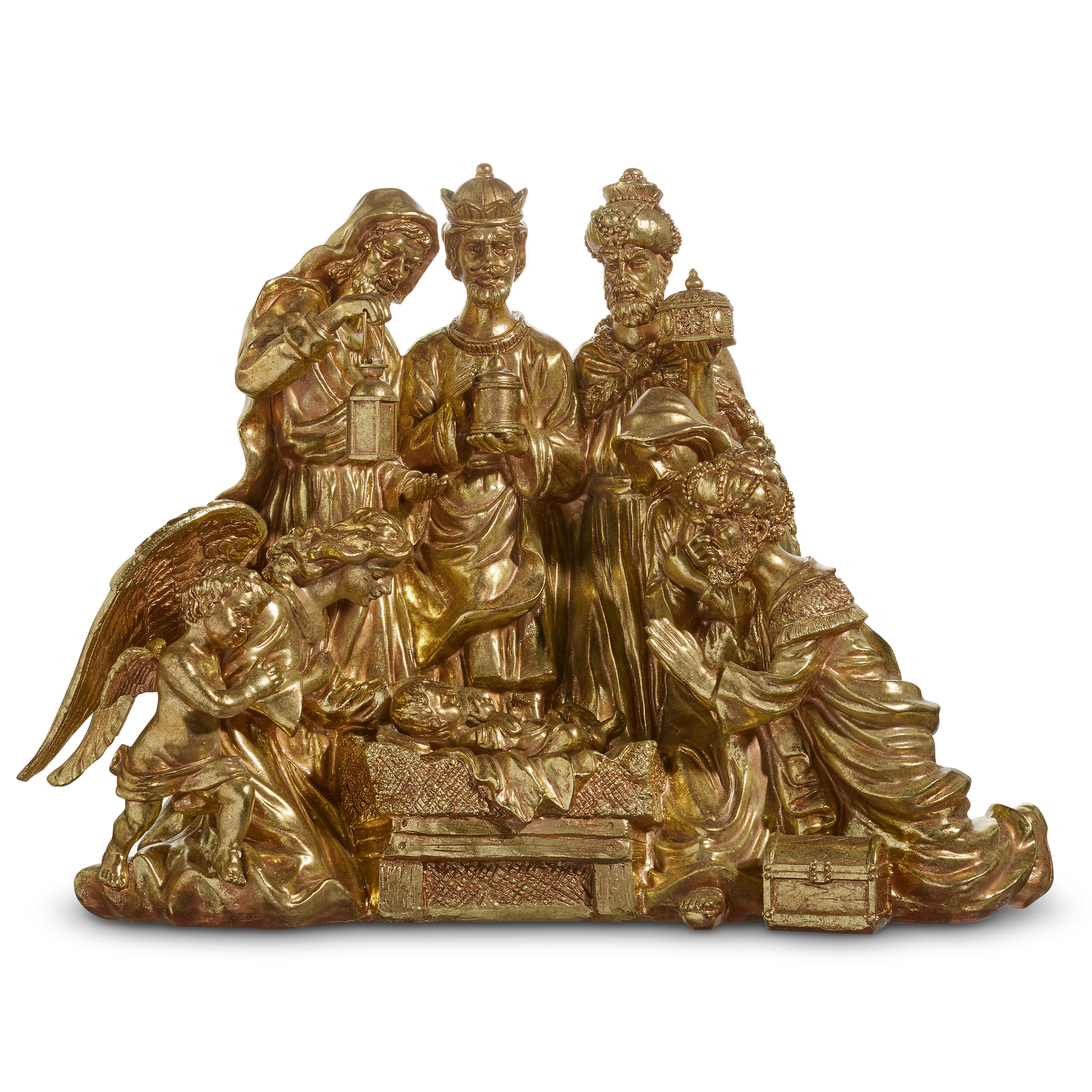 A gold-finished resin nativity set featuring various figures including the three wise men, shepherds, and an angel, set against a white background.