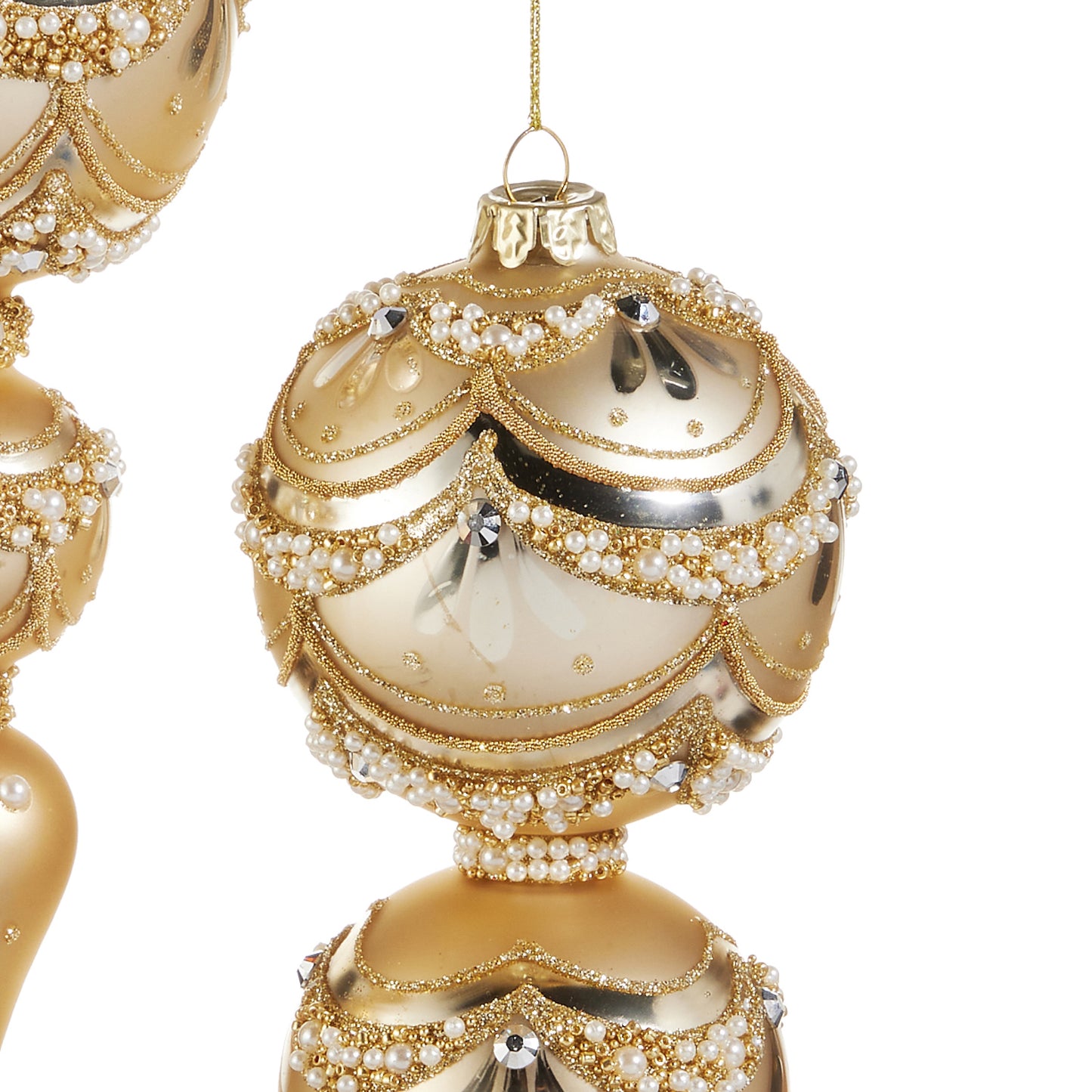 RAZ Imports 11" Golden Pearl Trimmed Finial Glass Christmas Ornaments - Set of 2