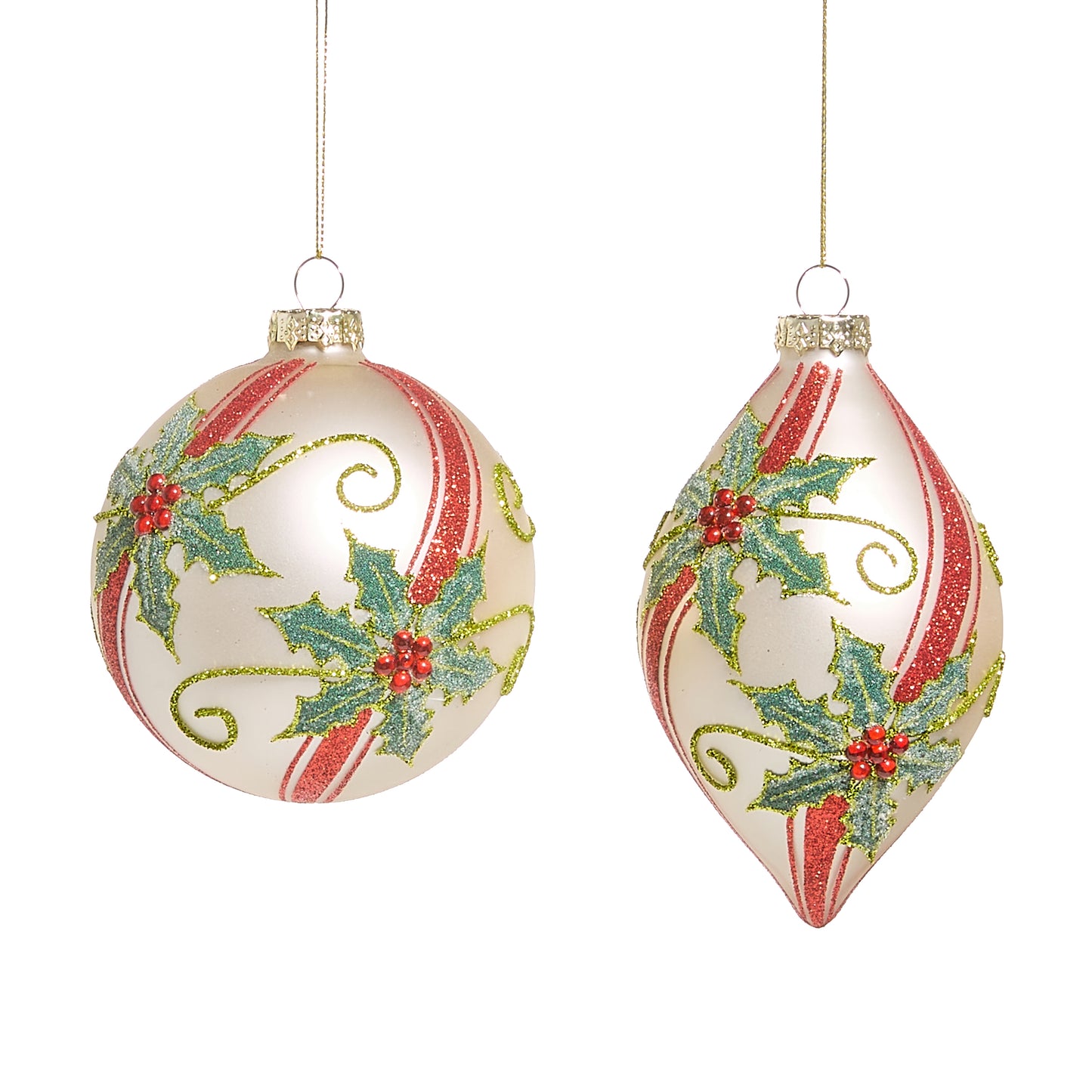 RAZ Imports 4" Red and Green Holly Peppermint Swirl Ball and Finial Drop Glass Christmas Ornaments, Set of 2