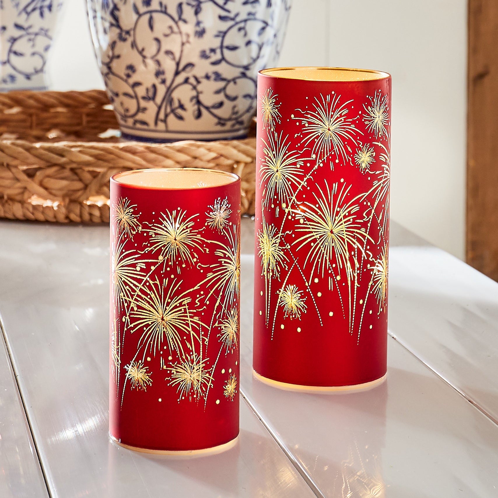 RAZ Imports 8" and 6" Patriotic Celebration Firework Hurricanes, Red Glass LED Lighted Lanterns for Fourth of July - Set of 2