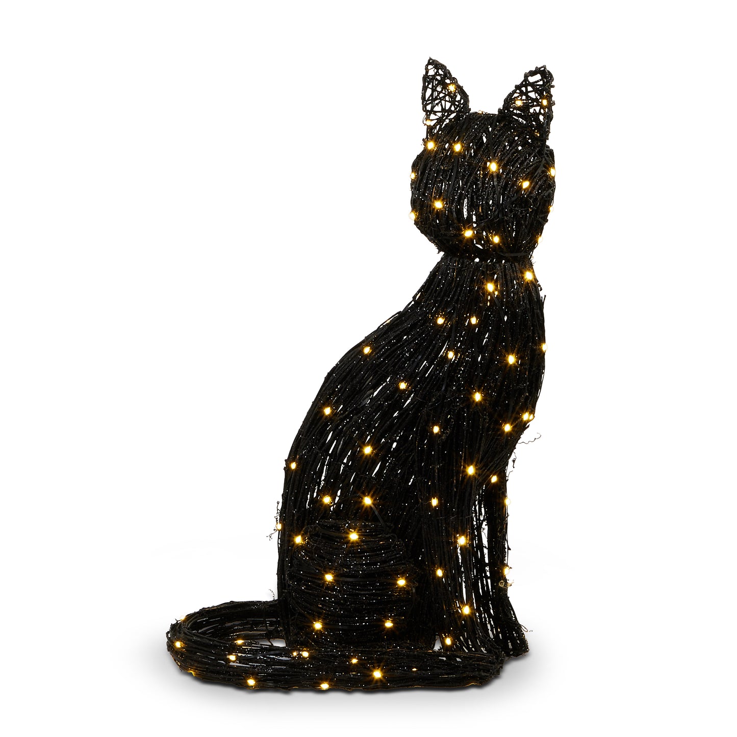 A 33-inch tall rattan decoration shaped like a black cat, with warm white LED lights embedded in it, designed for Halloween decoration purposes.