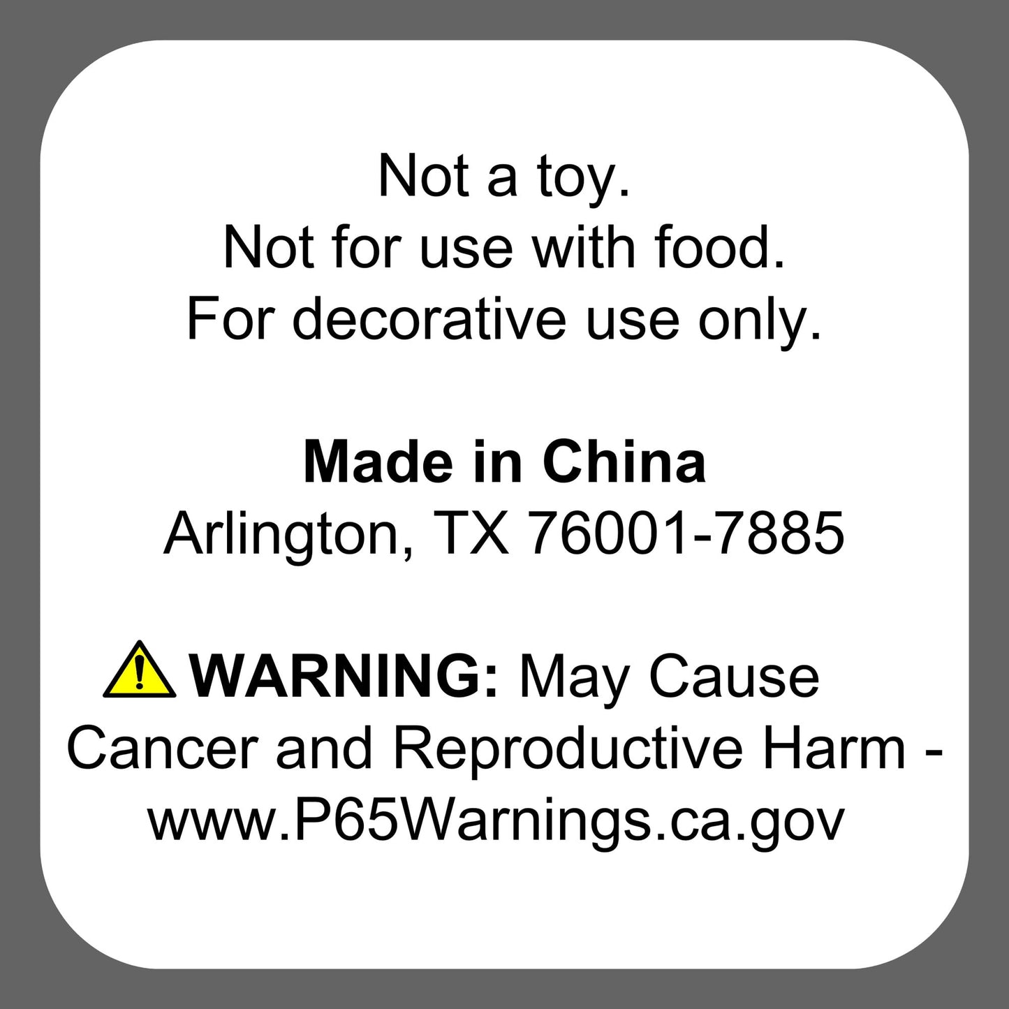 Warning label for a product not suitable for children or food use, made in China with a cancer warning.