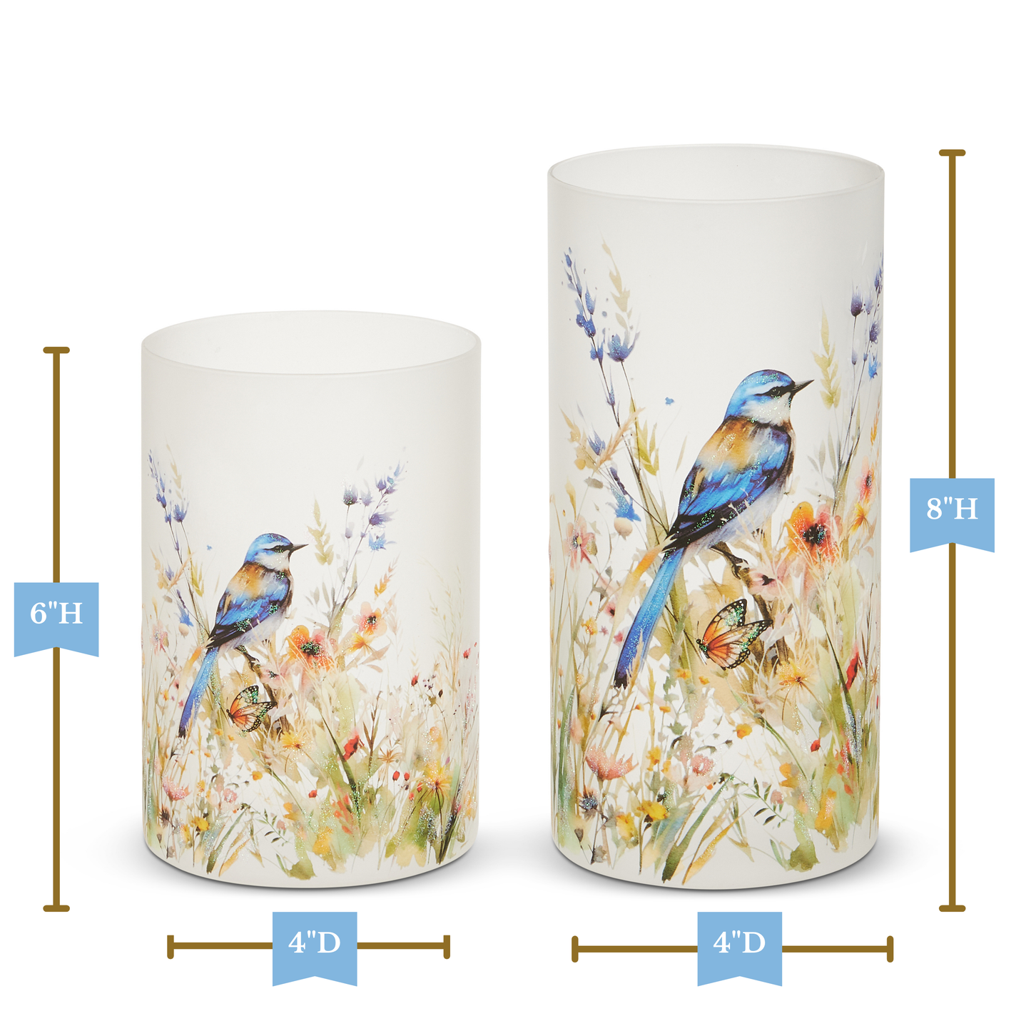 RAZ Imports 8" and 6" Blue Bird and Wild Flowers Glass Containers - Set of 2