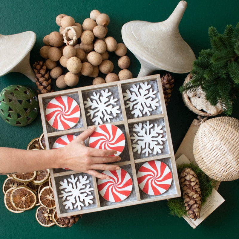 Kalalou Holiday Wooden Tic-Tac-Toe Peppermint & Snowflake Christmas Game Board Set