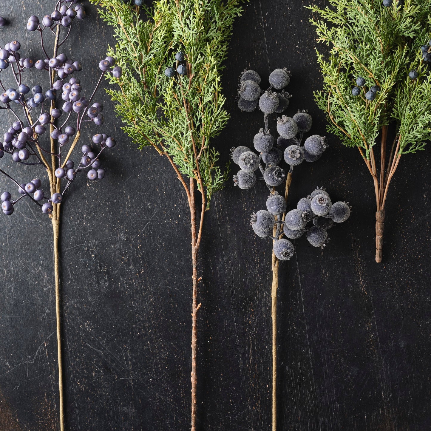 Decorative elements with green branches and purple berries on a dark surface