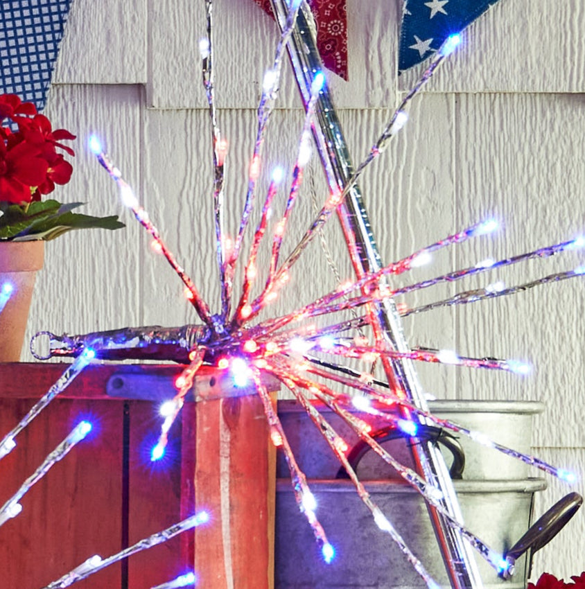 RAZ Imports 14" Silver LED Lighted Patriotic Fourth of July Firework Starburst with Red, White, and Blue Lights