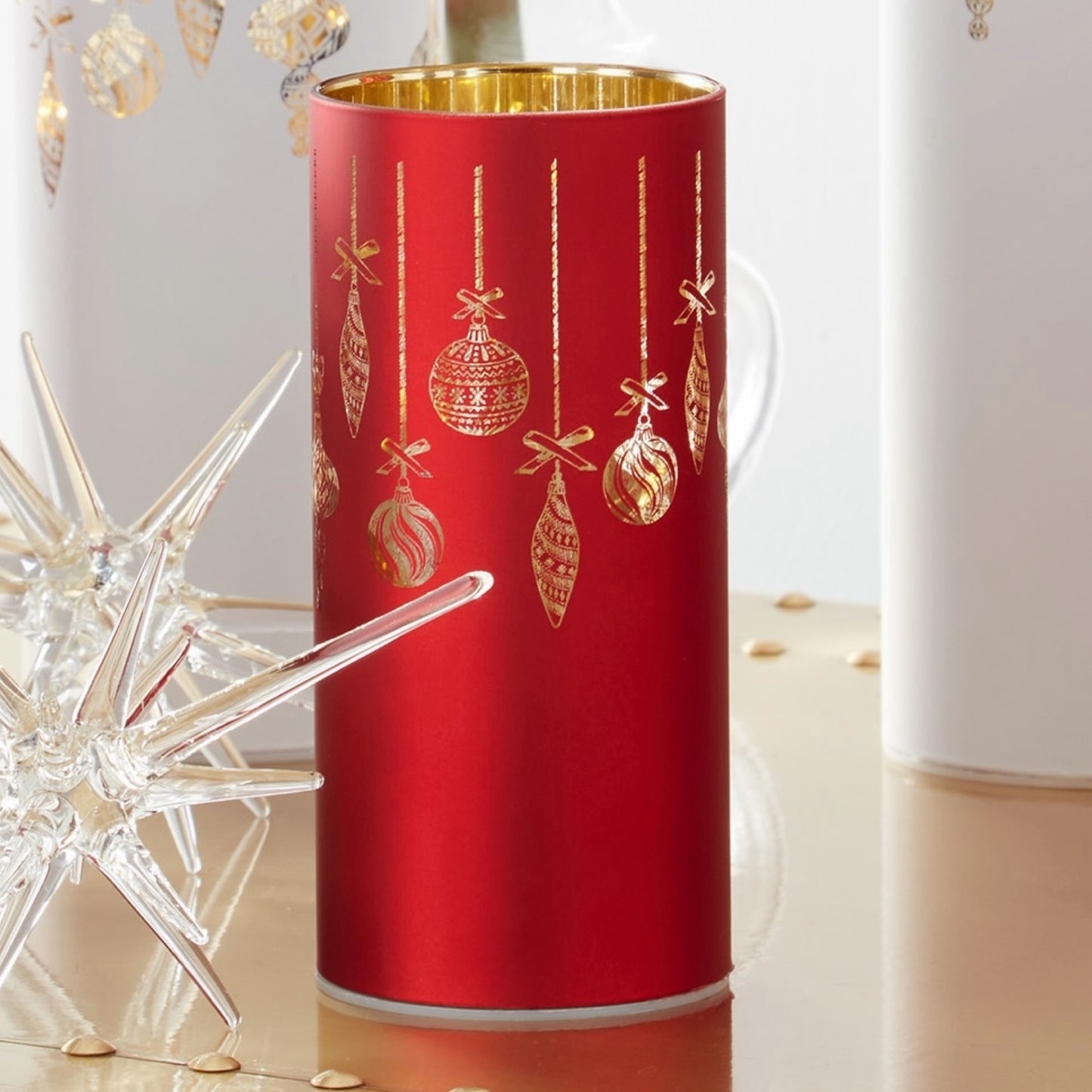 K&K Interiors 10" Red Festive Christmas Ornaments LED Lighted Glass Hurricanes - Set of 3