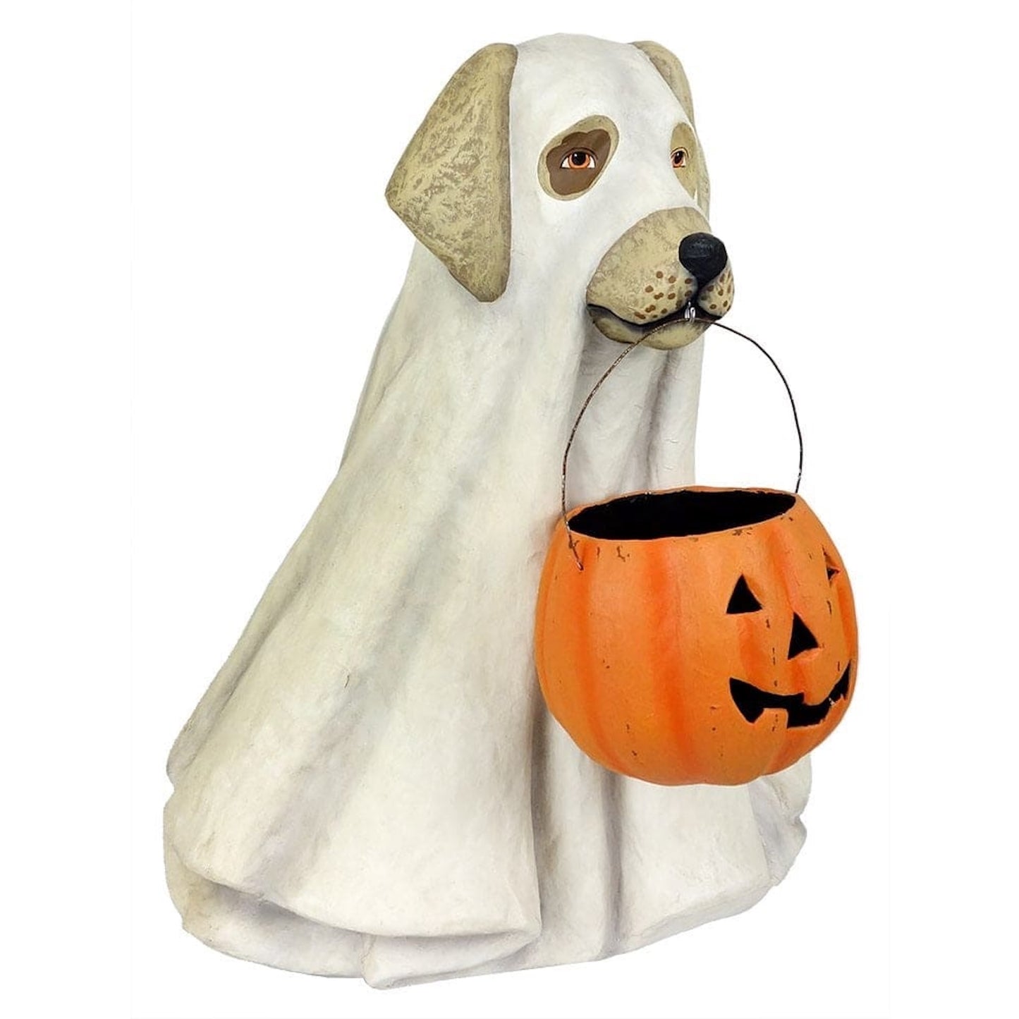 Dog-shaped Halloween decoration in ghost costume with pumpkin bucket