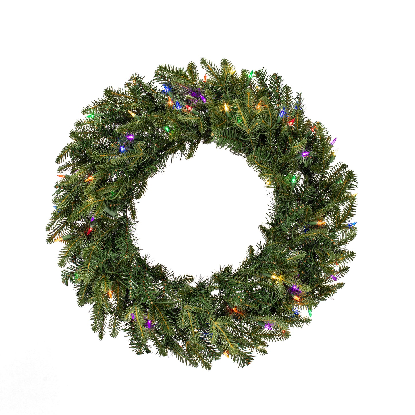 Christmas wreath with colorful lights on a white background