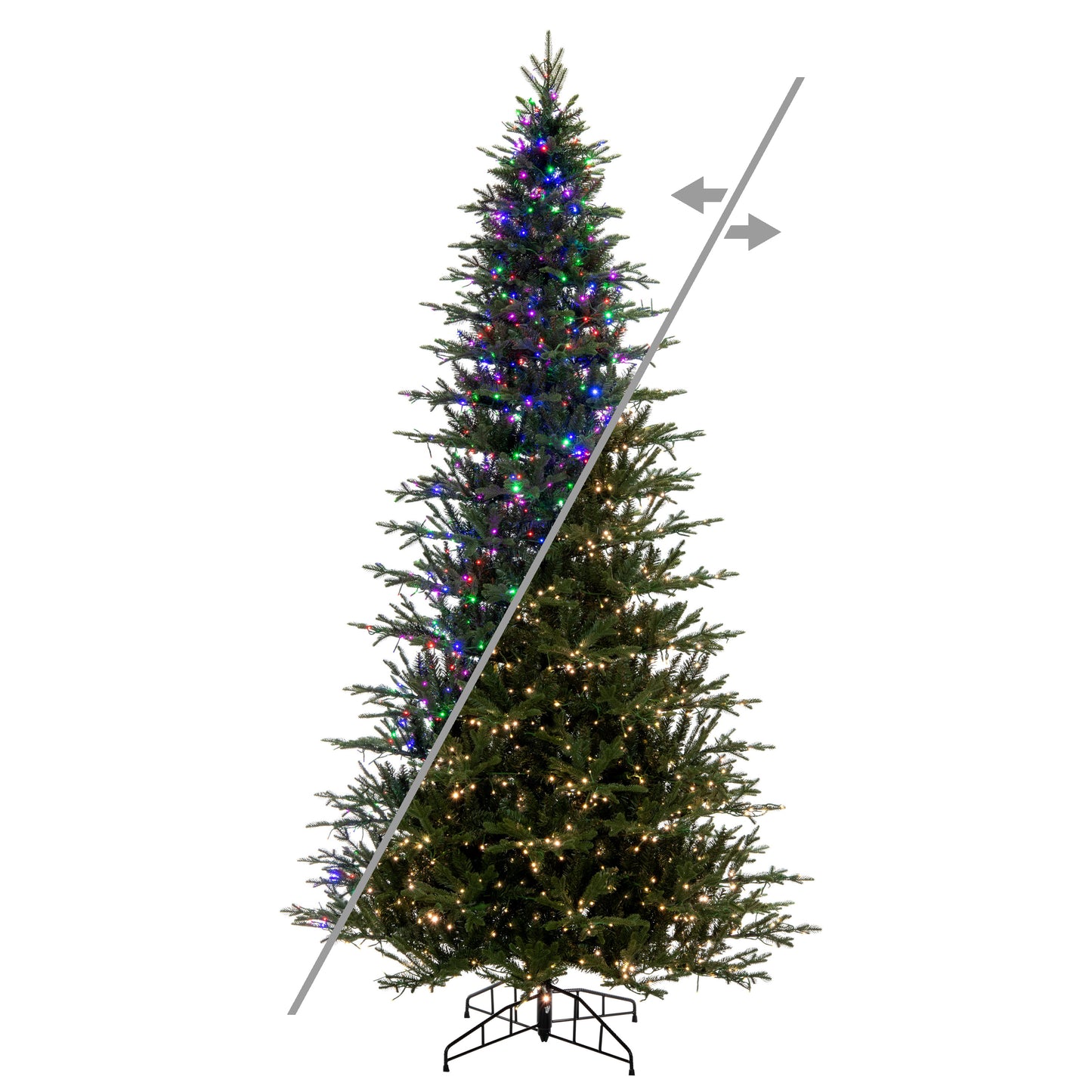 Decorated Christmas tree with lights on a white background