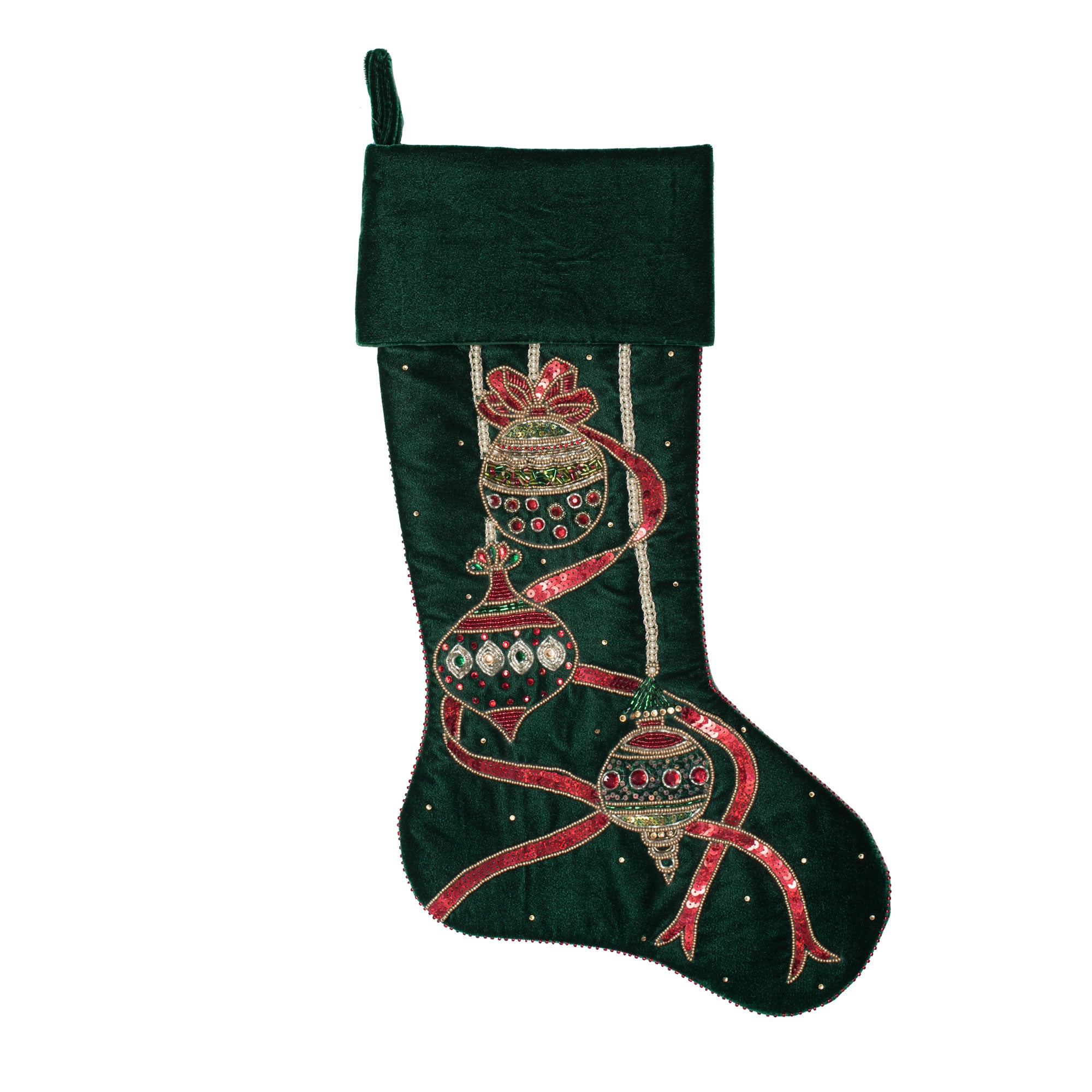 Holiday Ribbon and Ornaments 21" Beaded Velvet Sequin Christmas Stockings
