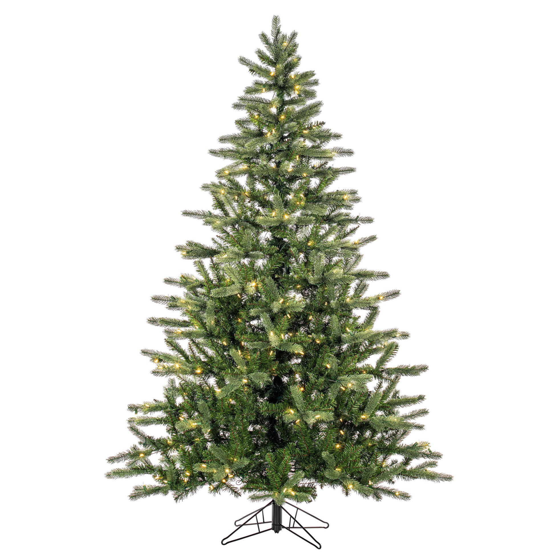 Pre-lit Christmas tree with green needles and white lights on a white background