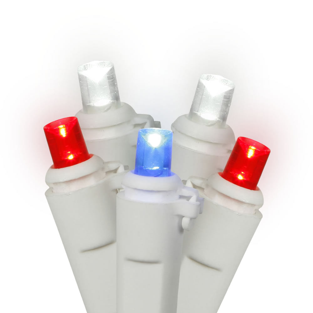 Vickerman 50 Count Patriotic Red, White, Blue Wide Angle LED Light Strand on White Wire, 25' Length, Fourth of July Decorations