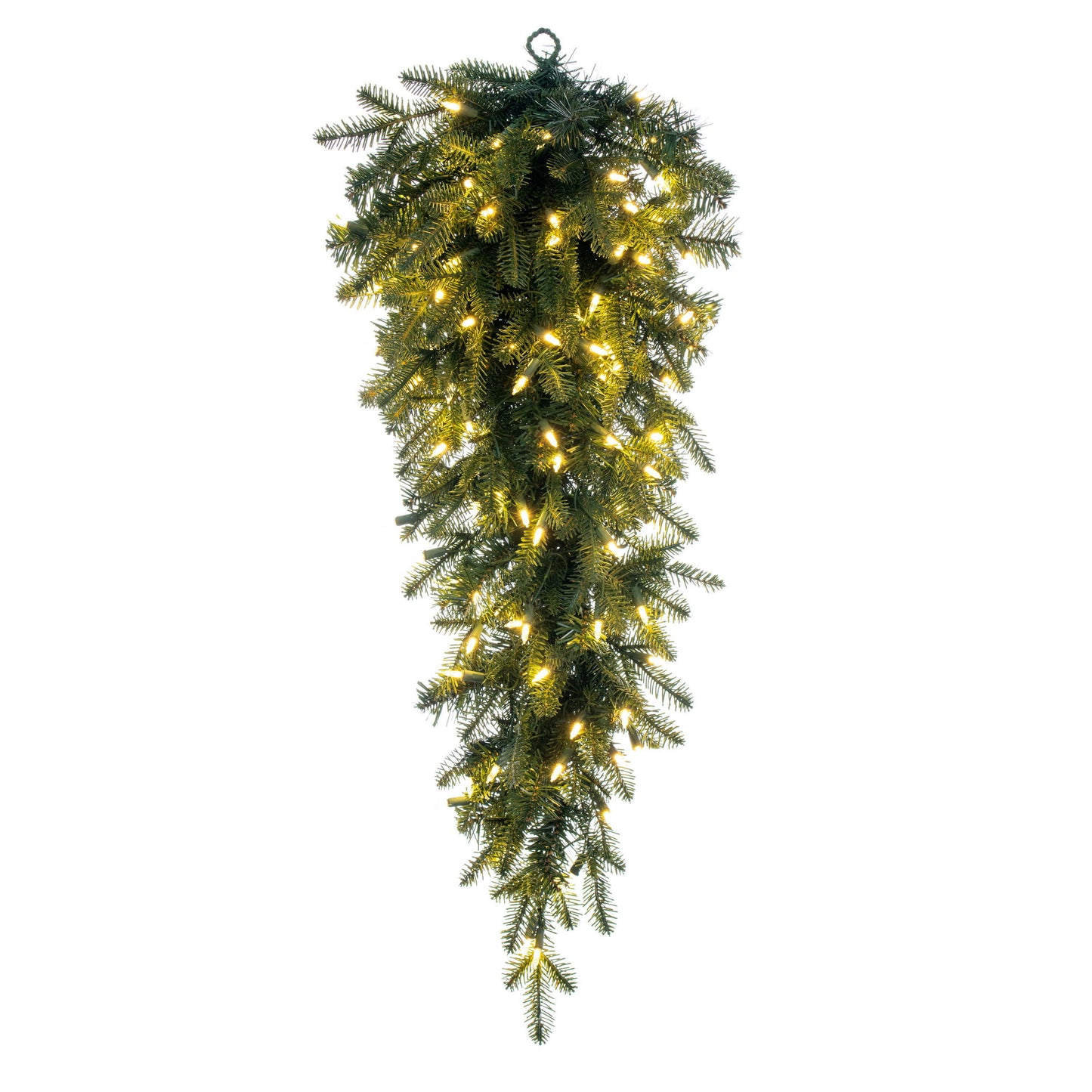 Artificial Christmas swag with lights on a white background