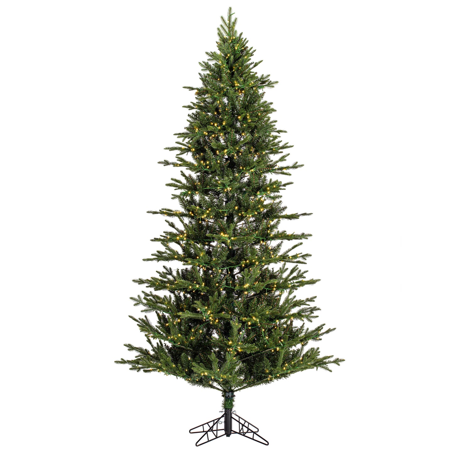 Pre-lit artificial Christmas tree with lights on a white background
