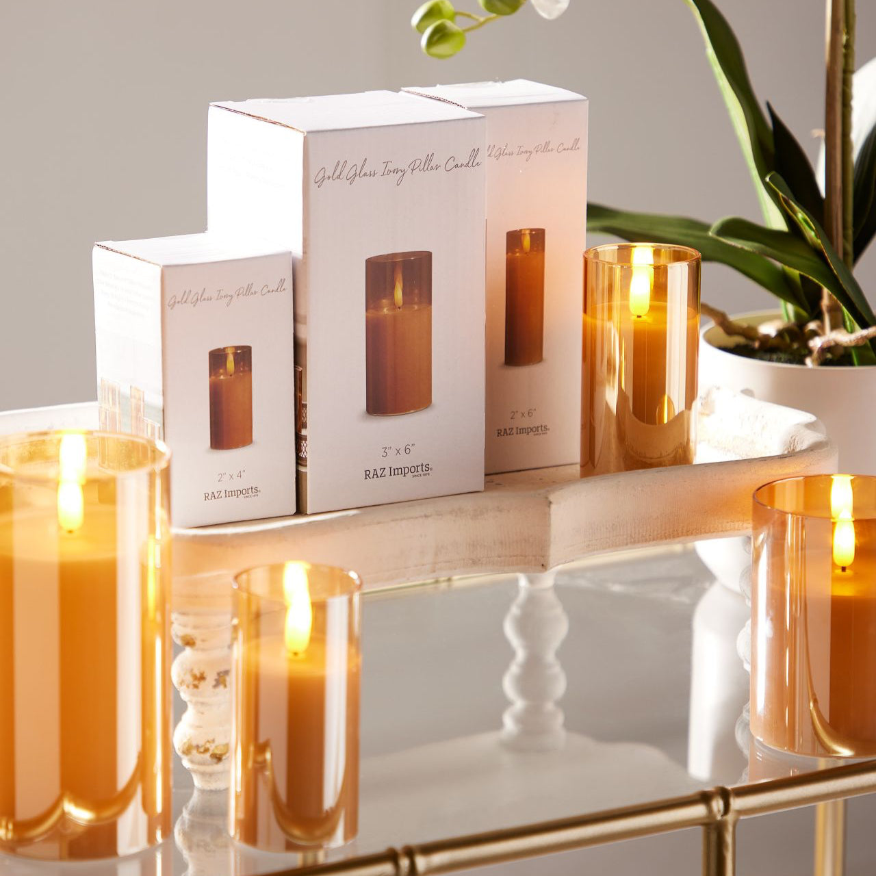 RAZ Imports Gold Ivory Glass LED Pillar Flameless Candles with 6 Hour Timer, Battery Operated