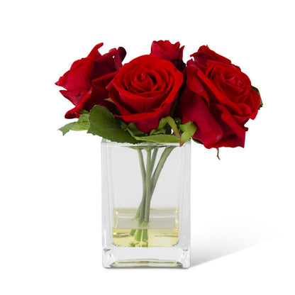 K&K Interiors 8" Real Touch Red Rose Flower Arrangement in Faux Water Glass Vase for Valentine's Day