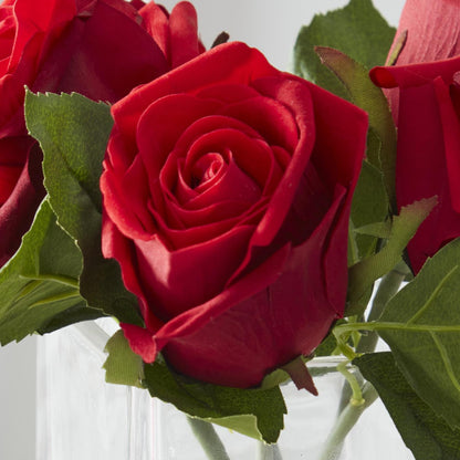 K&K Interiors 8" Real Touch Red Rose Flower Arrangement in Faux Water Glass Vase for Valentine's Day