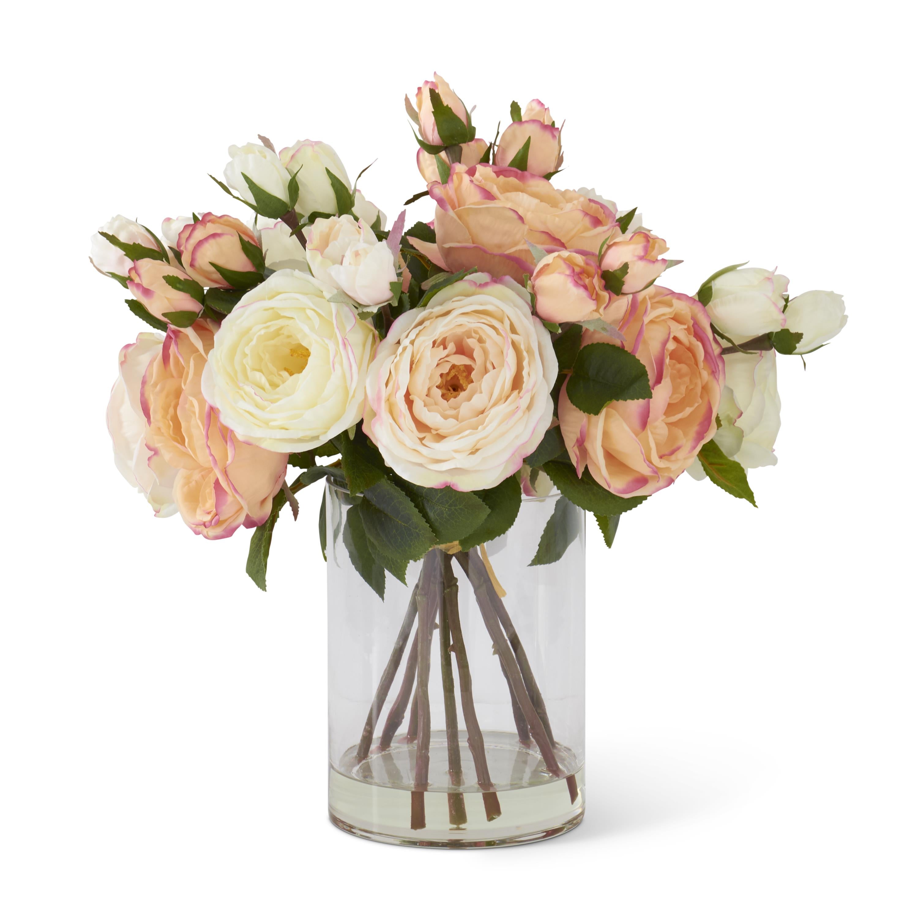 K&K Interiors Pink & White Austin Rose 14" Glass Floral Arrangement with Faux Water