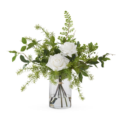 K&K Interiors 20.5" Real Touch Diamond White Rose Flower Arrangement in Faux Water Glass Vase for Valentine's Day