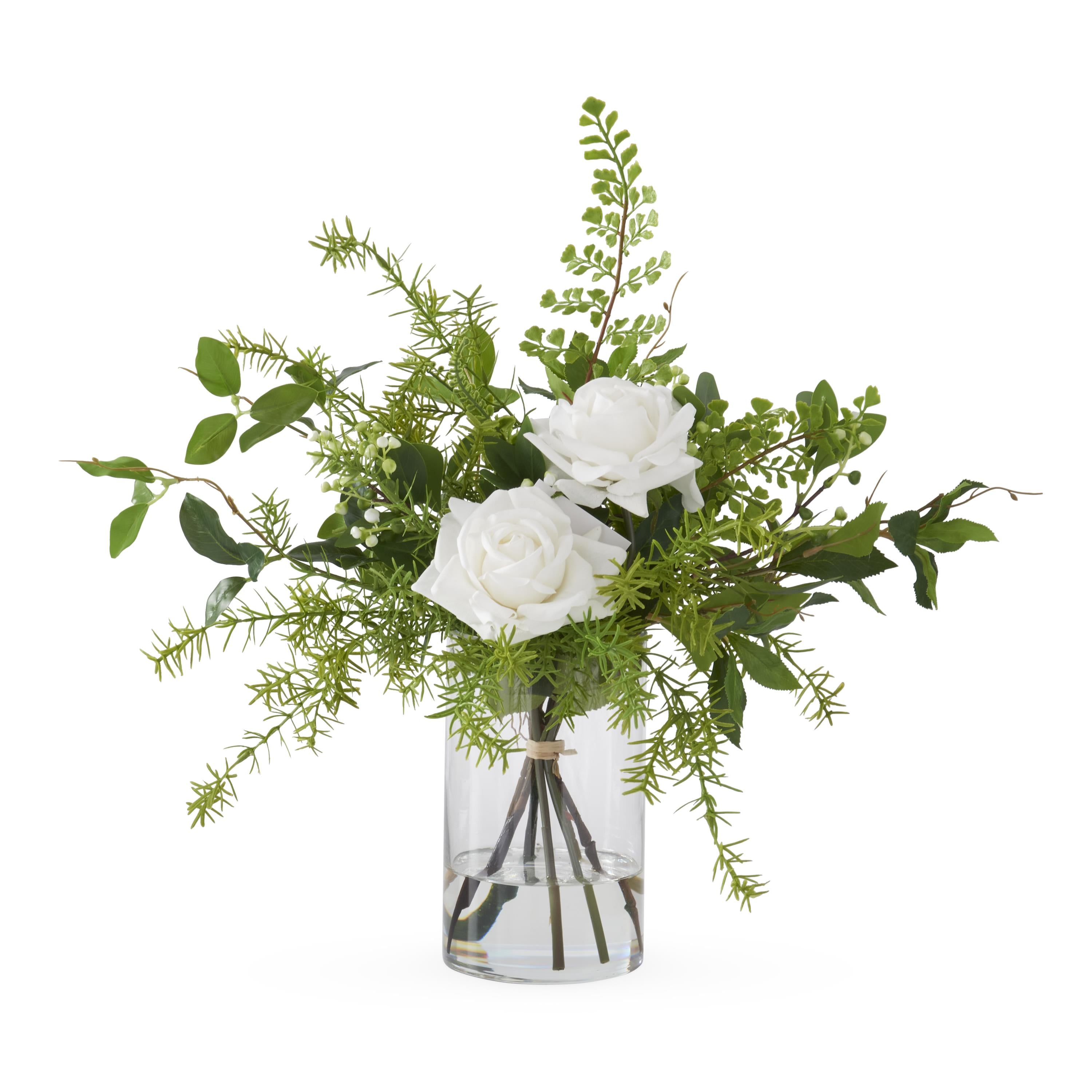 K&K Interiors 20.5" Real Touch Diamond White Rose Flower Arrangement in Faux Water Glass Vase for Valentine's Day