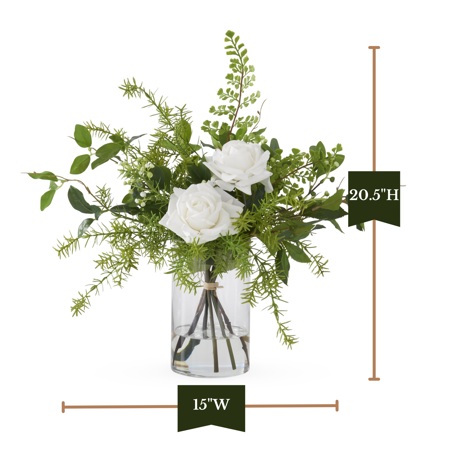 K&K Interiors 20.5" Real Touch Diamond White Rose Flower Arrangement in Faux Water Glass Vase for Valentine's Day