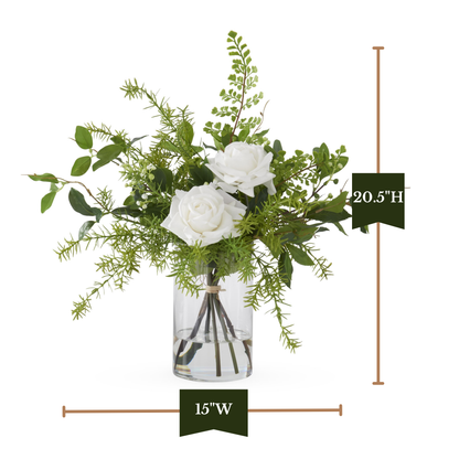 K&K Interiors 20.5" Real Touch Diamond White Rose Flower Arrangement in Faux Water Glass Vase for Valentine's Day