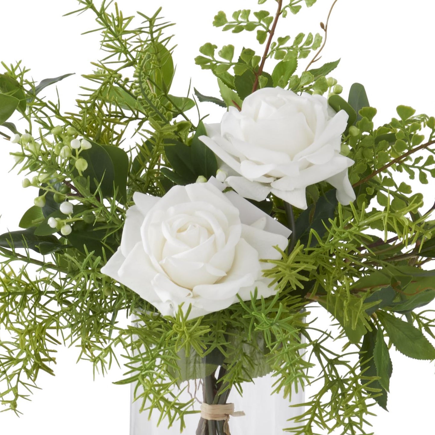 K&K Interiors 20.5" Real Touch Diamond White Rose Flower Arrangement in Faux Water Glass Vase for Valentine's Day