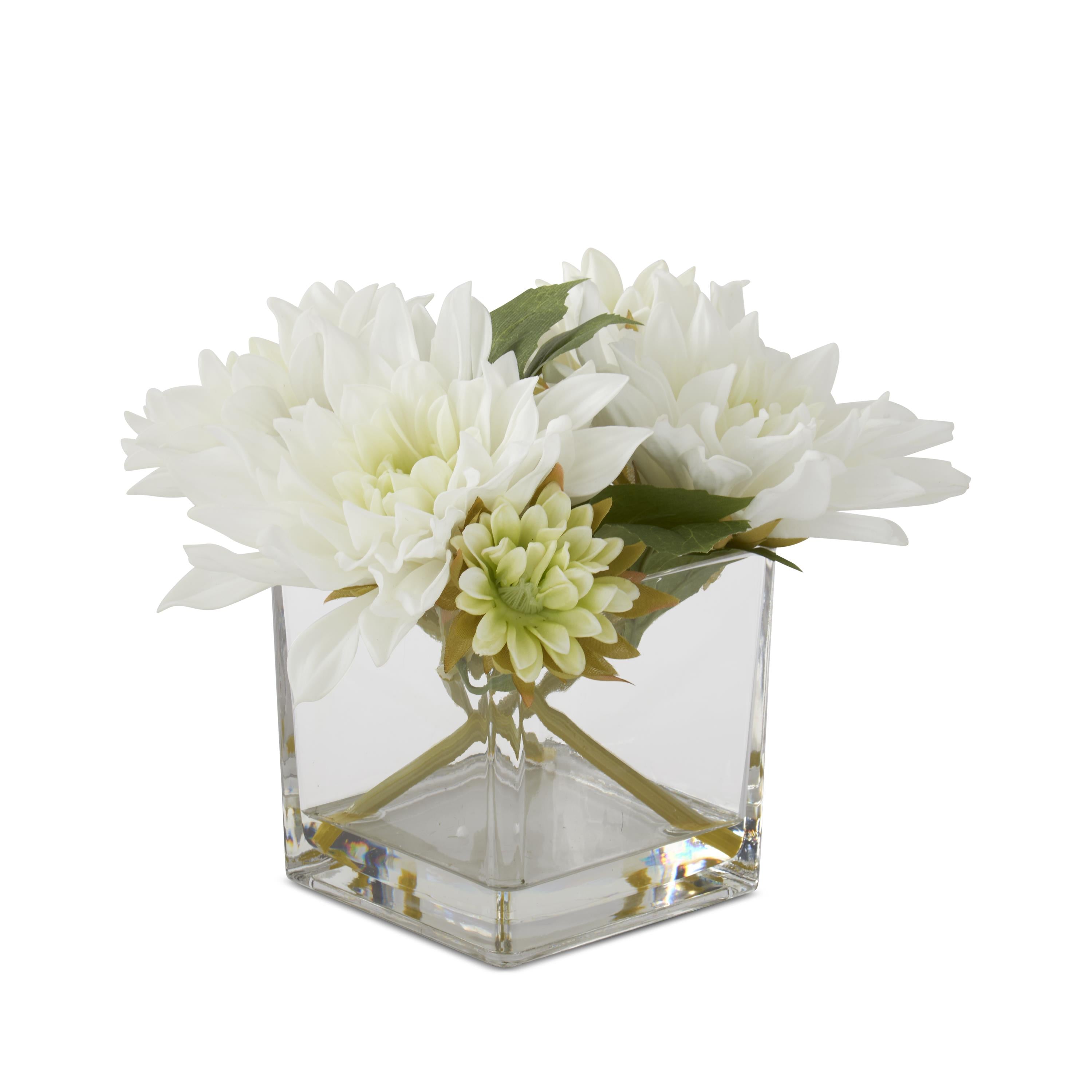 K&K Interiors 8" Real Touch White Dahlia Flower Arrangement in Faux Water Glass Vase