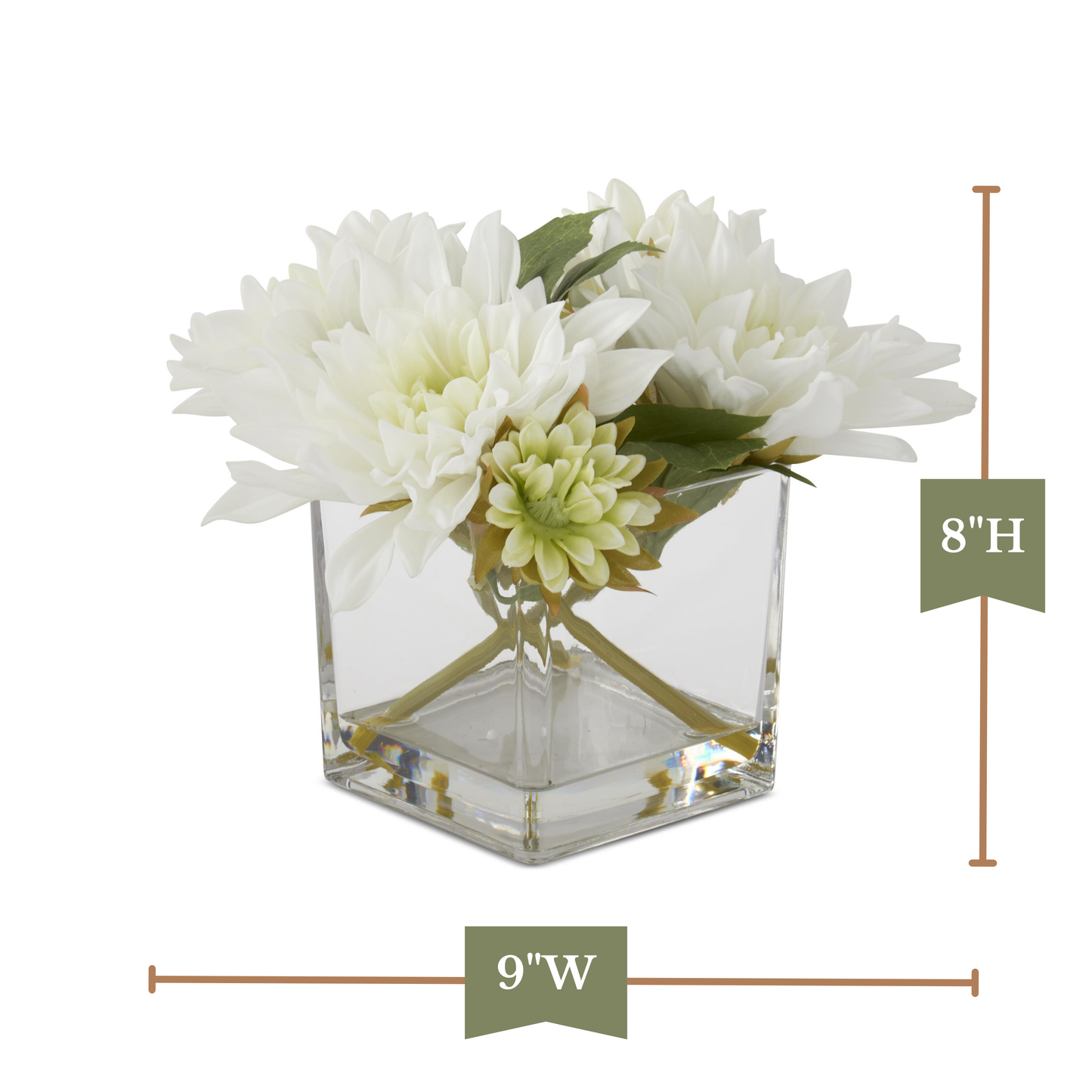 K&K Interiors 8" Real Touch White Dahlia Flower Arrangement in Faux Water Glass Vase