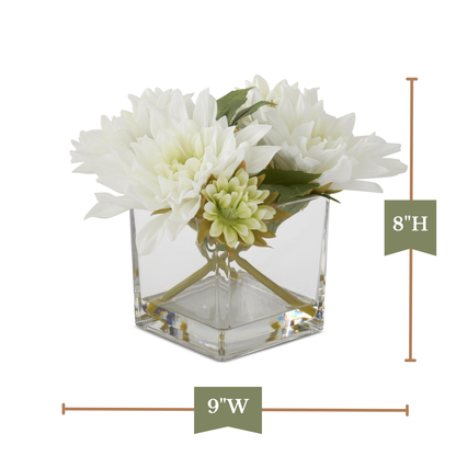 K&K Interiors 8" Real Touch White Dahlia Flower Arrangement in Faux Water Glass Vase