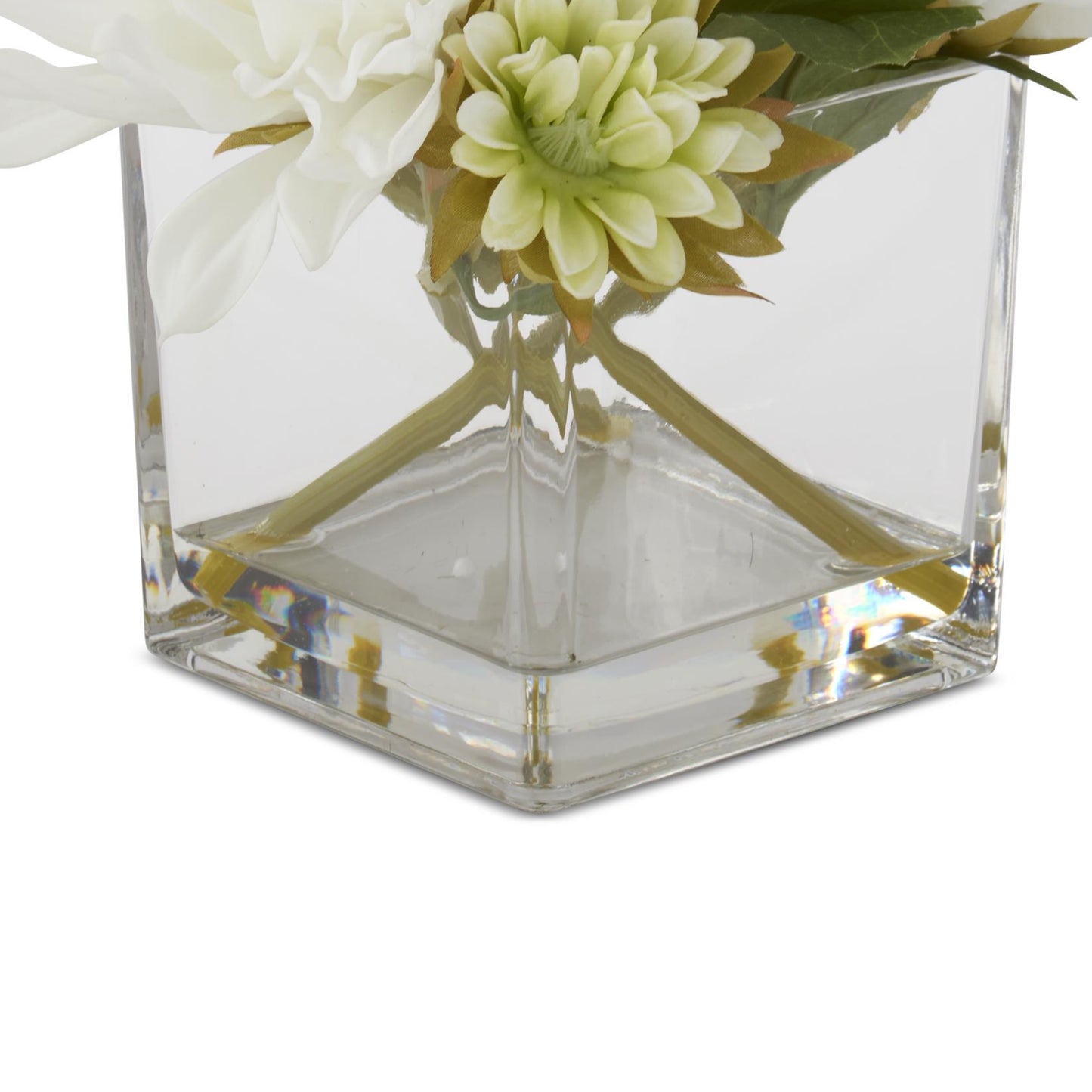 K&K Interiors 8" Real Touch White Dahlia Flower Arrangement in Faux Water Glass Vase