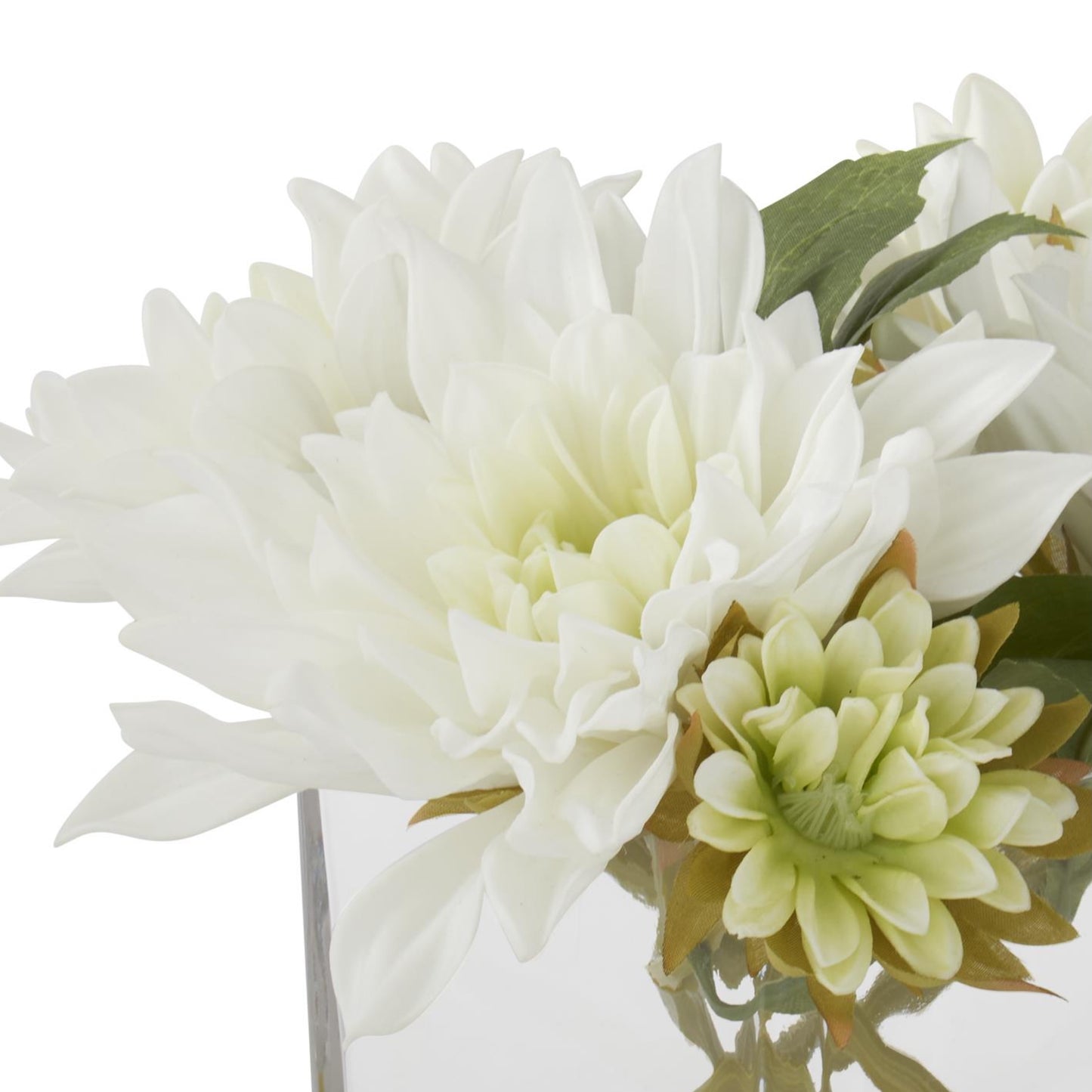K&K Interiors 8" Real Touch White Dahlia Flower Arrangement in Faux Water Glass Vase