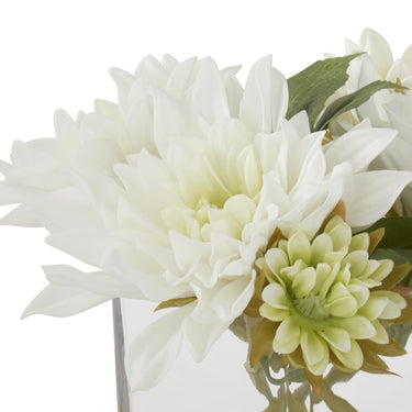K&K Interiors 8" Real Touch White Dahlia Flower Arrangement in Faux Water Glass Vase