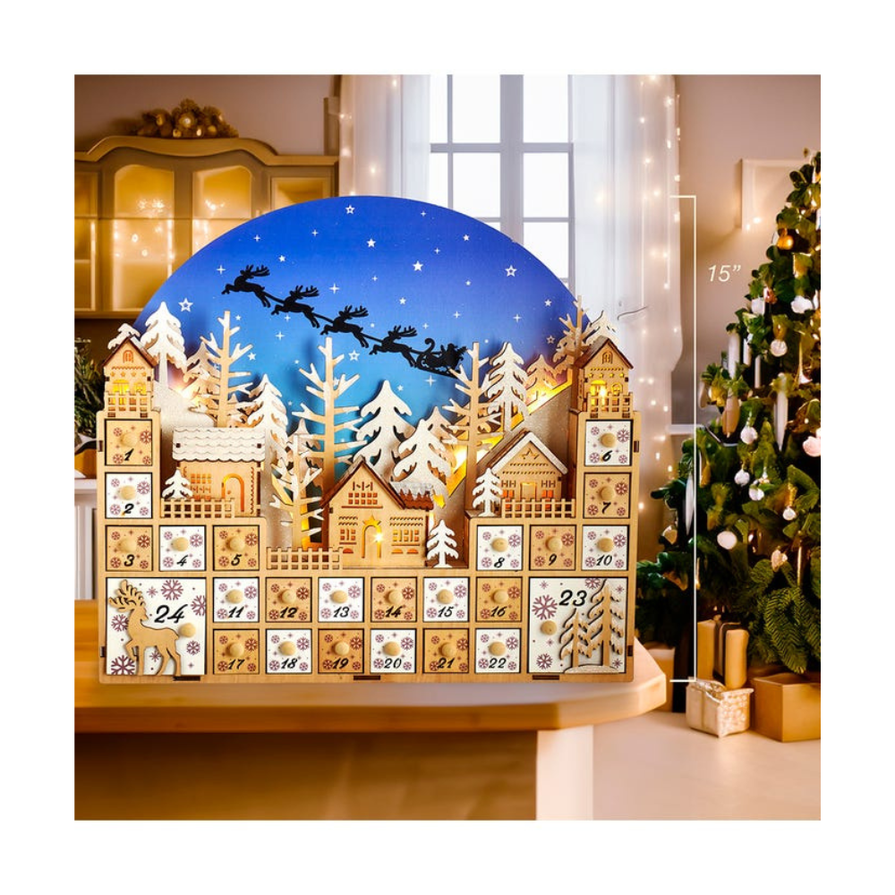 Kurt S. Adler Santa's Sleigh Christmas Village 15" Light-up LED Wooden Advent Calendar, Battery-Operated