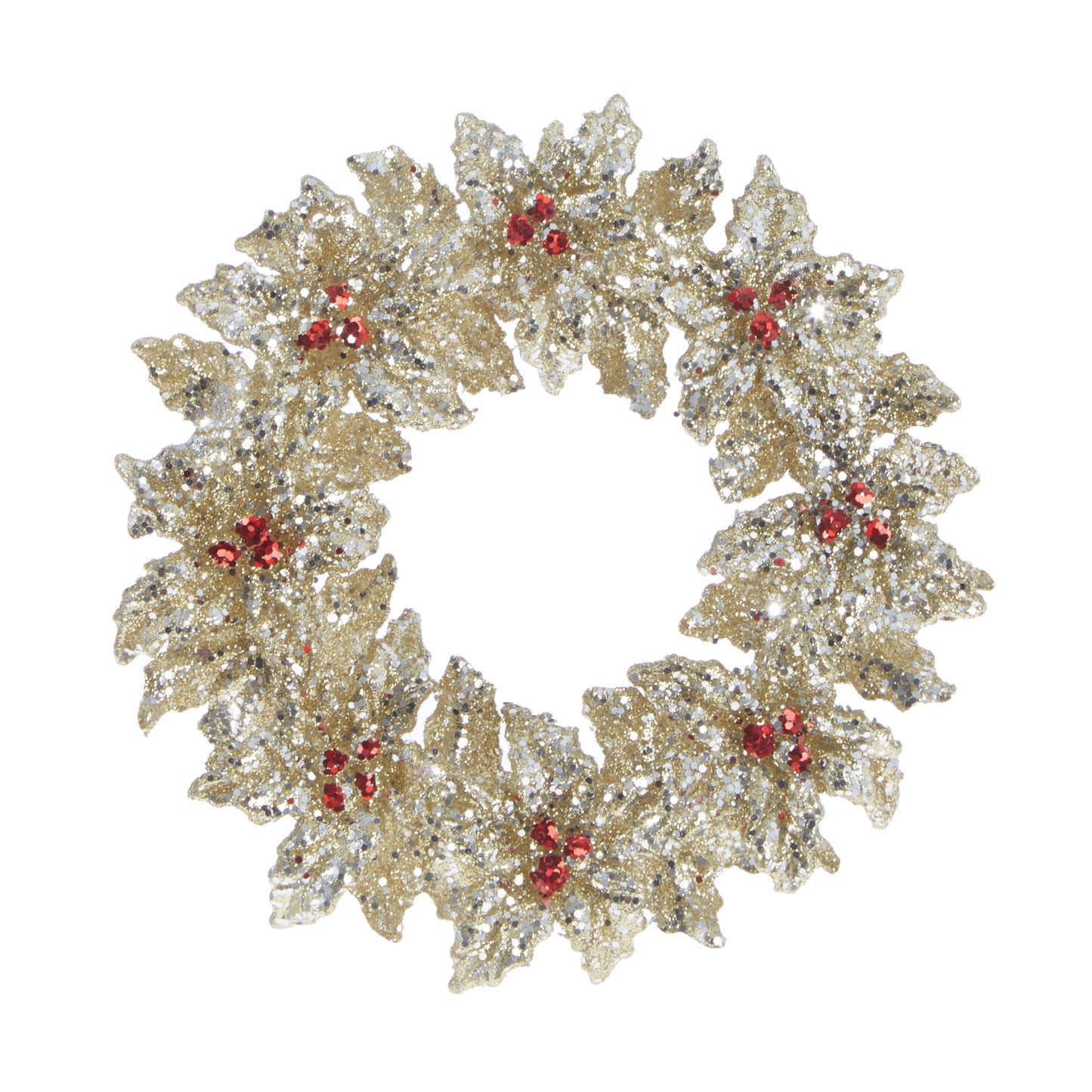 Decorative wreath with gold and silver leaves and red berries on a white background