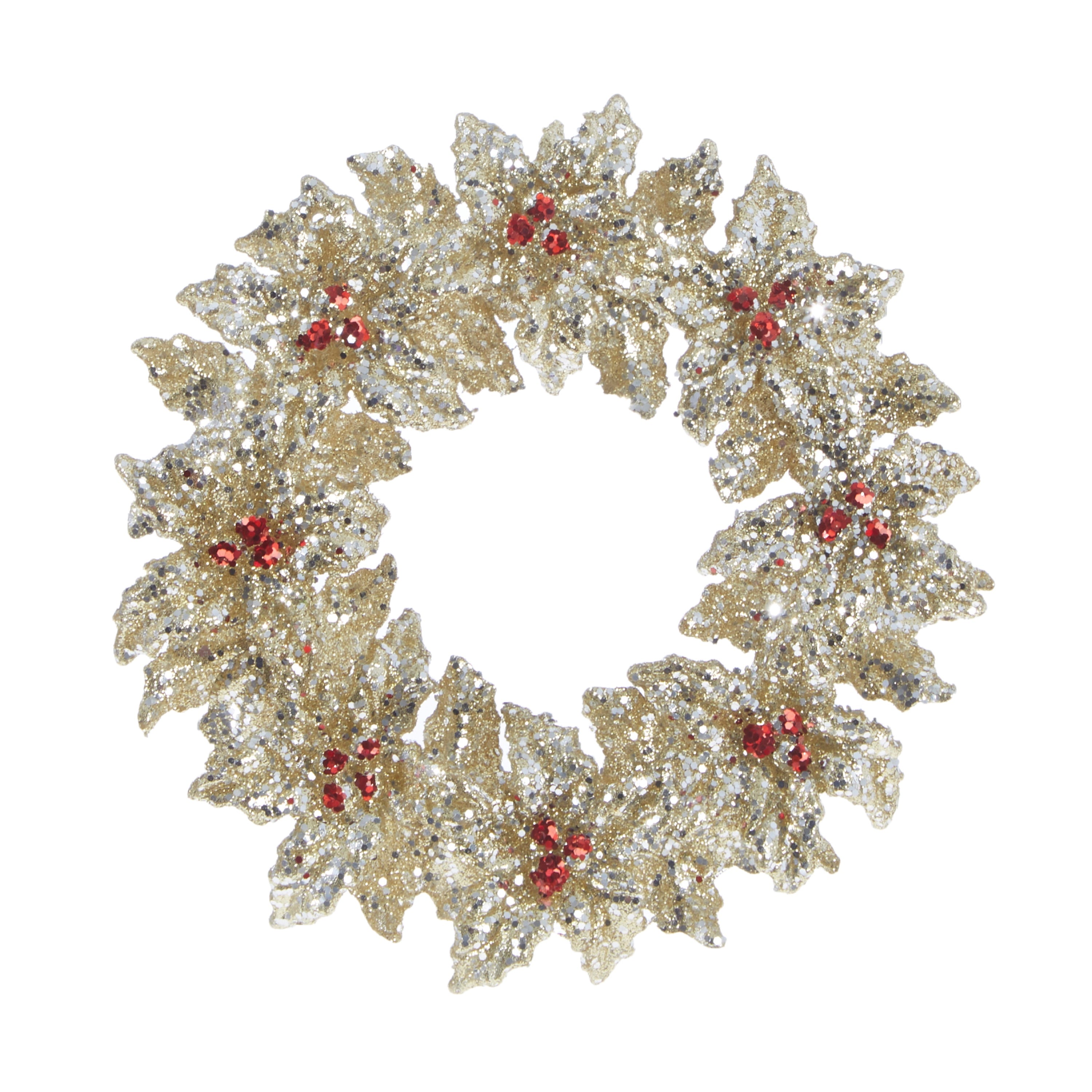 Decorative wreath with gold and silver leaves and red berries on a white background