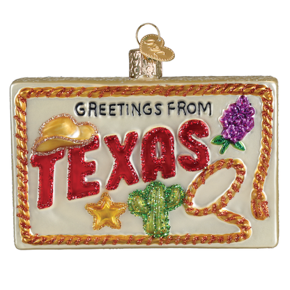 Old World Christmas Greetings from Texas Postcard Glass Collectible Christmas Ornament