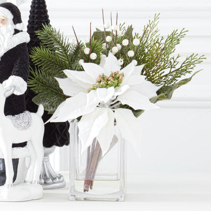 K&K Interiors 11" White Poinsettia & Pine Christmas Glass Floral Arrangement with Faux Water
