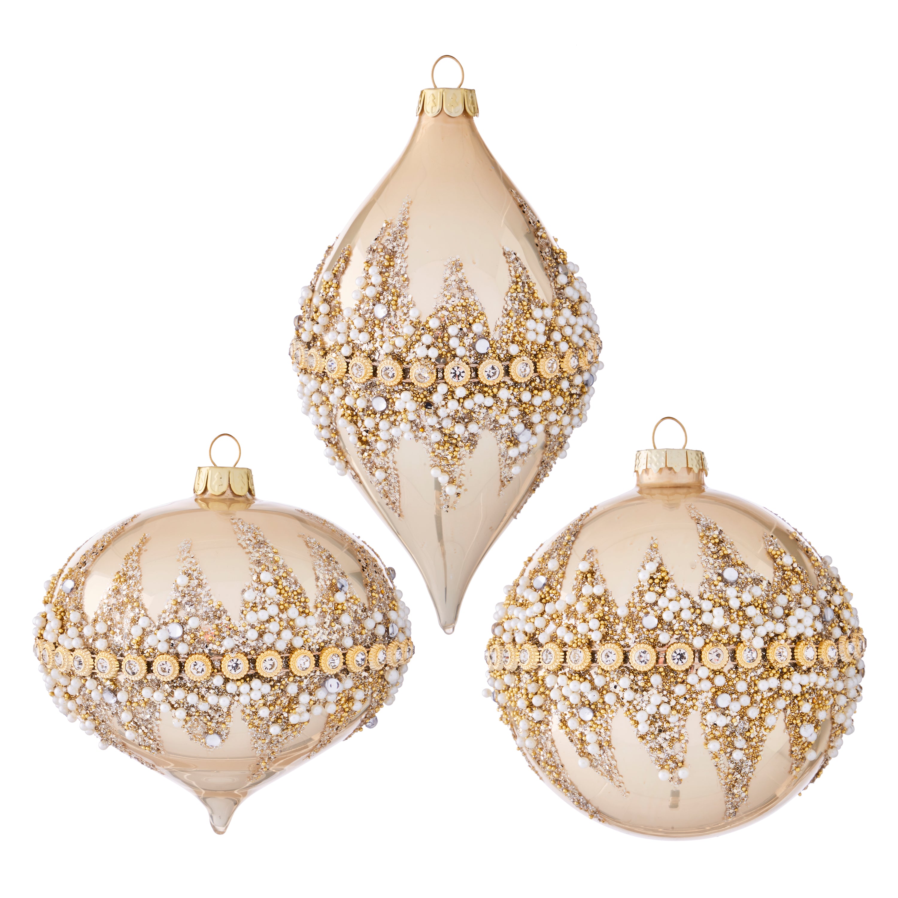 RAZ Imports 4" Gold Beaded Rhinestone Glass Christmas Ornaments, Set of 3